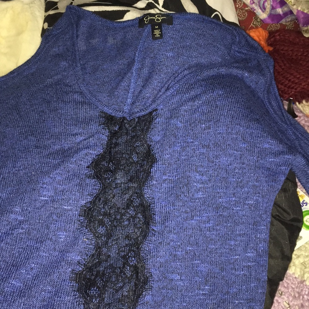 Blue sweater with black lace